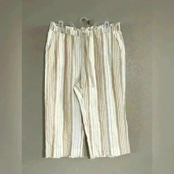 Chico’s Linen Cropped Striped Beige White Pants Pockets Stretch Waist Size 10P - Picture 2 of 8
